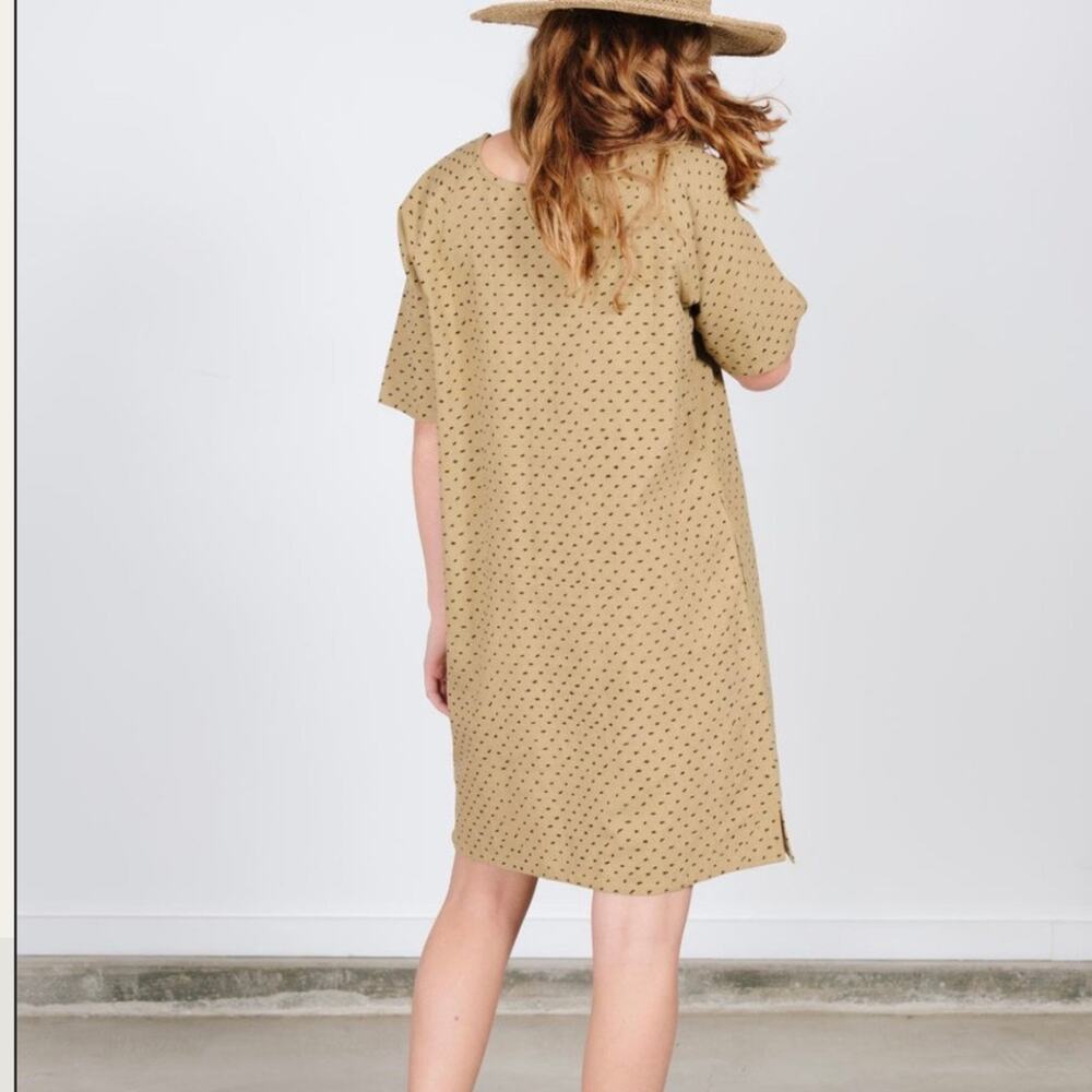 PO-EM | Day Dress Spotted Beige Black Pockets Handwoven Cotton Natural | Small
